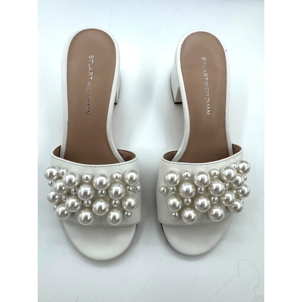 Stuart Weitzman Goldie 50 Block Slide White Pearl Sandals SK609 Size 34.5 US 4B